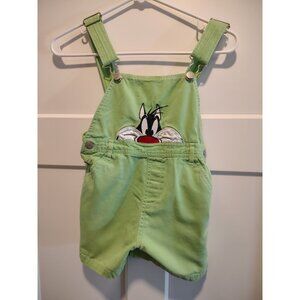 Vintage  Looney Tunes Sylvester Green Overalls Shortalls 3T(?)